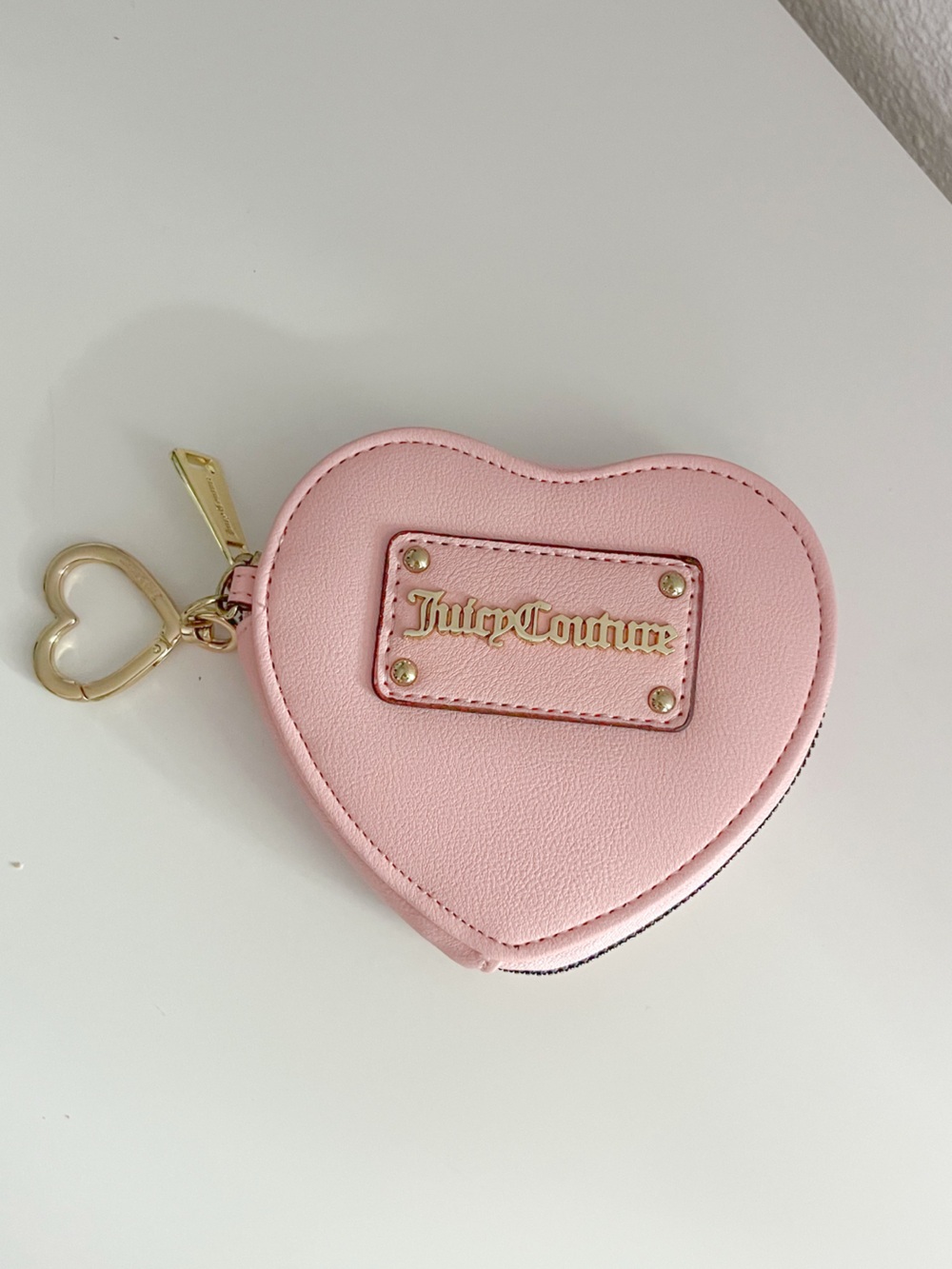 Juicy Couture Pink Heart Zip Key & Card Holder with Gold Hardware